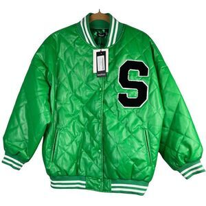Boohoo‎ Varsity Jacket Womens Sz 6 Green PU Quilted Oversized Thick Bomber Biker